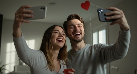 Joyful couple capturing a selfie with a heart balloon.