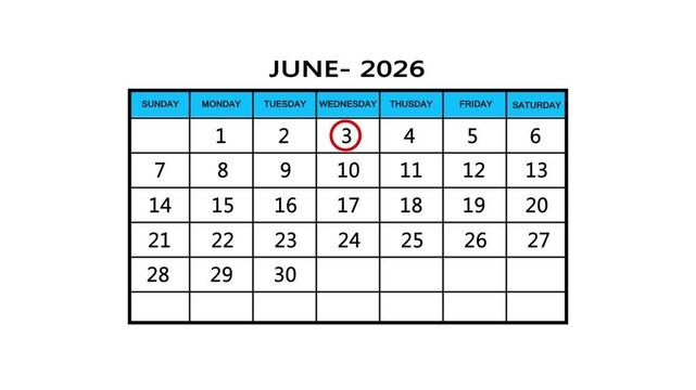 The calendar of june month 3th day is red circled, looped animation. A very important date in the calendar. Signing a day on a calendar. white background
