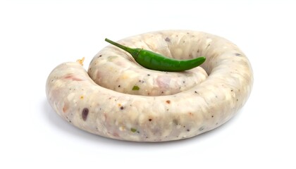 Swirl of raw sausage topped with a green chili pepper, isolated on white background