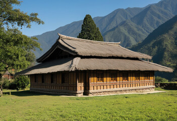 Thatched bungalow in rural Bhutan, Himalaya
