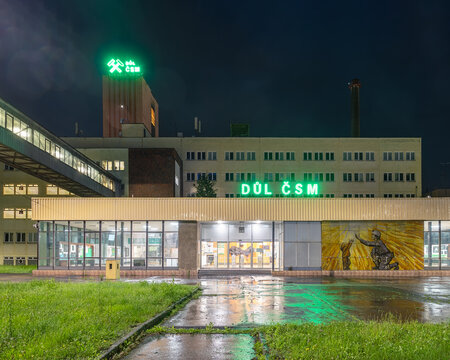 Stonava, Czech Republic - June 5 2025: The main entrance of the CSM Sever coal mine in Stonava, owned by OKD, photographed at night.