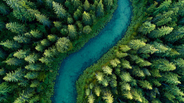Aerial view of river passing through pine forest.