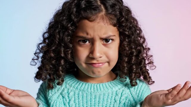 A young girl with curly hair wears a light blue sweater, looking puzzled with raised shoulders and a questioning expression against a soft gradient background