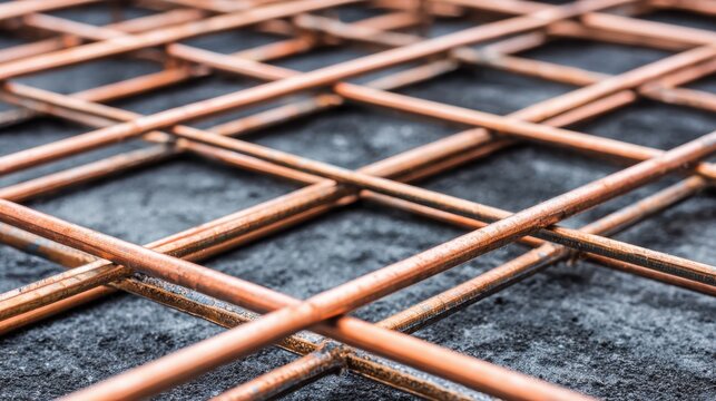 Dense mesh of interlocking copper rods forming a geometric grid pattern