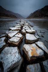 Fototapeta premium Dramatic deep cracks in parched earth with mountains under dark clouds