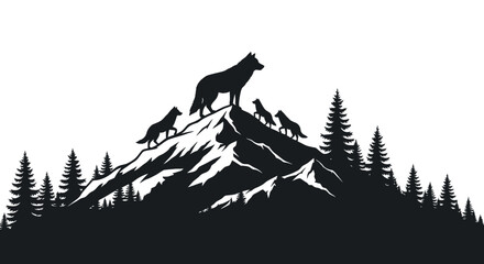 A pack of wolves stands proudly atop a mountain peak overlooking a dark forest silhouette high quality professional detailed modern elegant stylish © GDSneha02