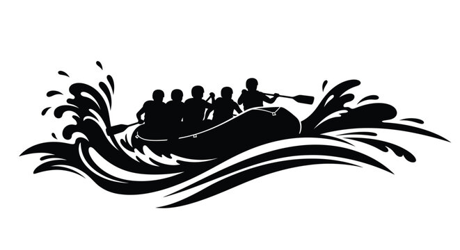 A dynamic black silhouette depicts a group whitewater rafting through turbulent crashing waves silhouette high quality professional detailed modern elegant stylish