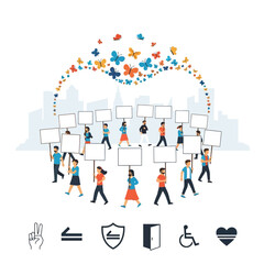 People marching with blank signs in a heart shape with butterflies flying above cityscape