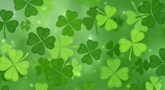 A vibrant green background with numerous four-leaf clovers scattered throughout, evoking a sense of luck and nature.