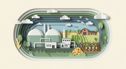 Obraz premium Paper cut layered scene of a green energy plant, farm, and cultivated fields. Blue sky with clouds and flying birds represents sustainable farming.