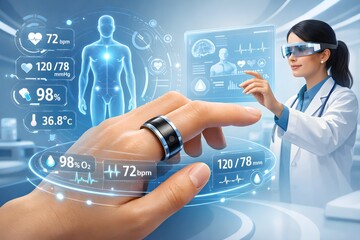 Future Medical Checkup using Wearable Health Ring Scanning Vital Signs Clean Vector Style 