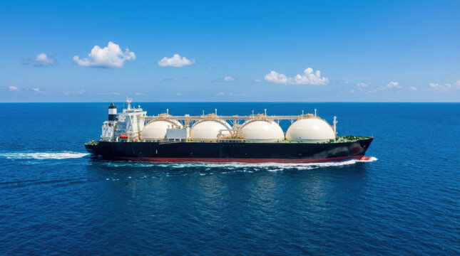 A massive LNG carrier ship with distinctive spherical tanks sails across the vast deep blue ocean under a bright sky with scattered clouds, symbolizing global energy transport.