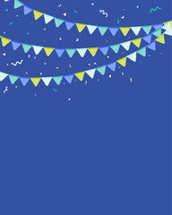 Vector background featuring festive bunting flags and small confetti elements arranged at the top on a blue background. Flat design suitable for celebration and decorative graphic layouts