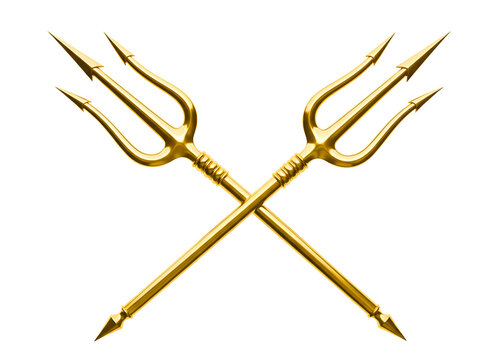 Golden crossed trident forks symbol isolated on transparent background