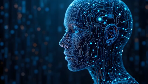 Artificial intelligence invention concept, human and AI face made of digital circuits, futuristic technology background