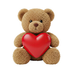 A charming fluffy brown teddy bear sits holding a shiny red heart on a clean white background with soft even lighting creating a sweet and loving mood