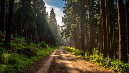 Sunlit path winds through a dense forest with towering trees and lush green foliage