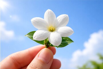 Sampaguita Flower (Jasminum sambac) Against Bright Blue Sky, Tropical Botanical Image