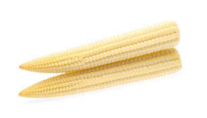 Two baby corns stacked slightly offset. Smooth texture and pale yellow color contrast against the plain white background