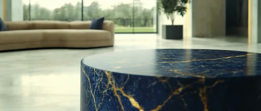 Close up of  round dark blue marble table with gold veining in  modern interior setting