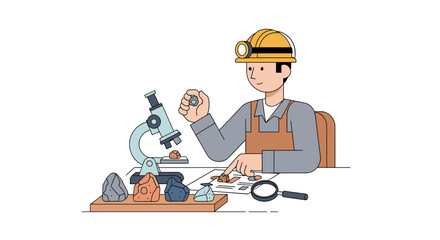 Scientist Examining Mineral Specimen with Microscope.