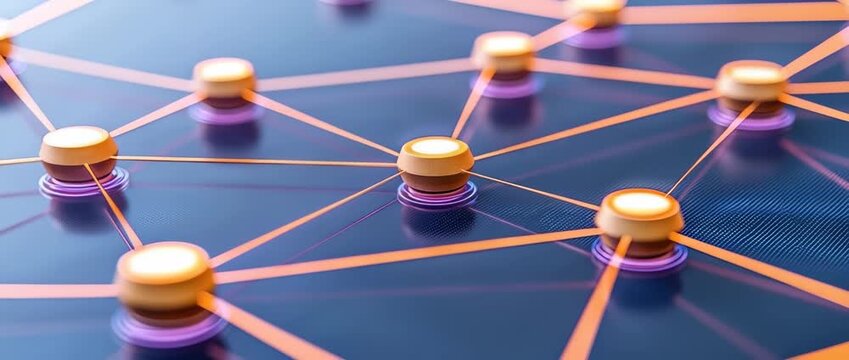Illuminated nodes interconnected by glowing orange lines on  dark blue digital network surface