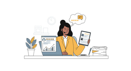 Woman Working on Laptop and Tablet.