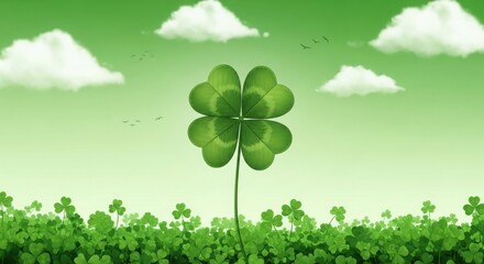 A large green four-leaf clover stands out in a lush field of smaller clovers under a bright green sky with fluffy white clouds.