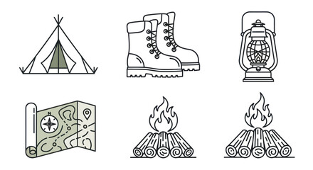 Fototapeta premium Camping and Hiking Icons: Tent, Boots, Lantern, Map, Campfire, Vector Graphics