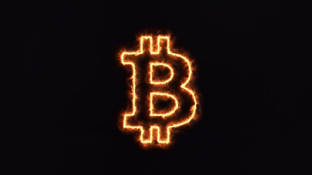 Crypto currency Bitcoin symbol glowing neon sign on dark background, hamunam 3 style, finance technology concept
