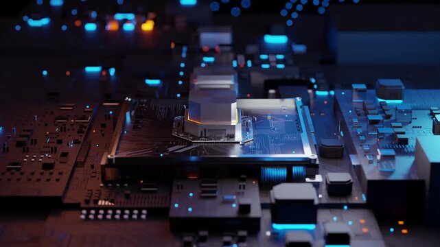 Futuristic processor chip glowing on motherboard circuit board. Concept of artificial intelligence computing, data processing and high performance technology