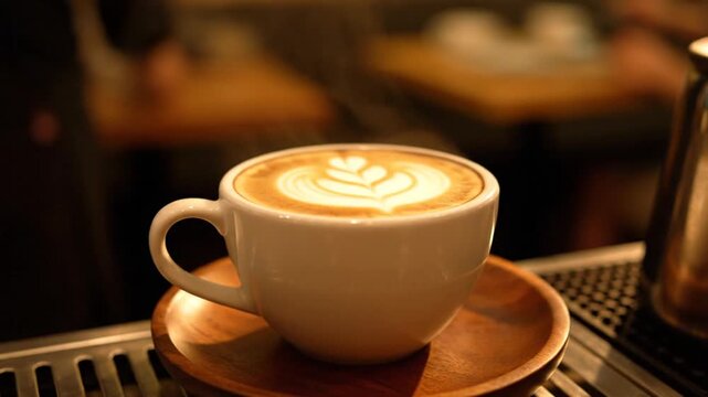 A close-up shot captures a perfect, steaming latte, freshly prepared with intricate rosetta art, sitting on a wooden saucer on an espresso machine. The scene is warm, highlighting the drink's freshne