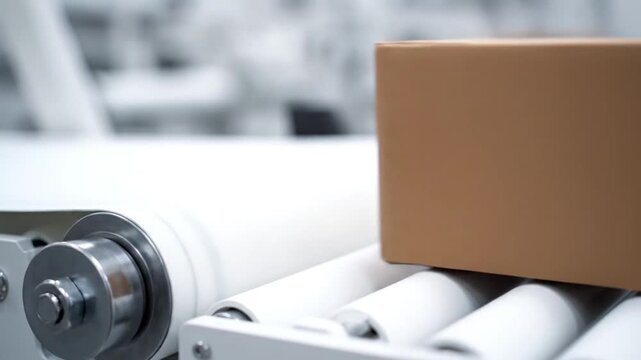 Cardboard packages move rapidly on white automated roller conveyors in a modern factory setting, showing logistics, sorting, and distribution processes over 8 seconds.