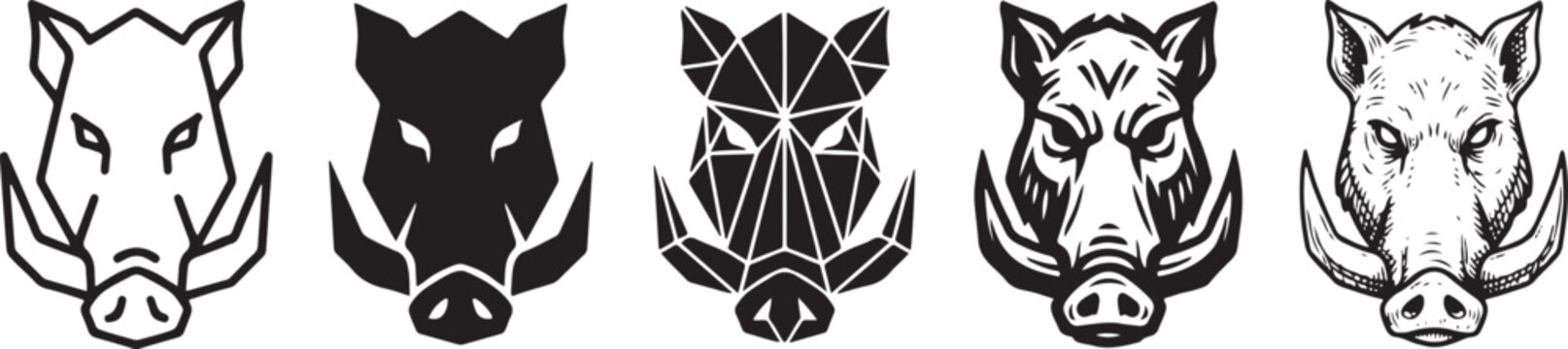 A set of five wild boar head icons presented in various black and white illustrative styles.