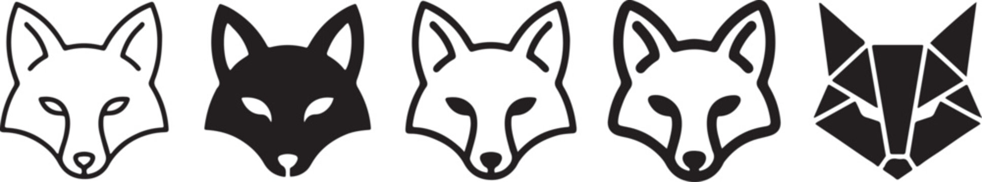 A row of five stylized fox head icons in black and white, showcasing different minimalist design approaches