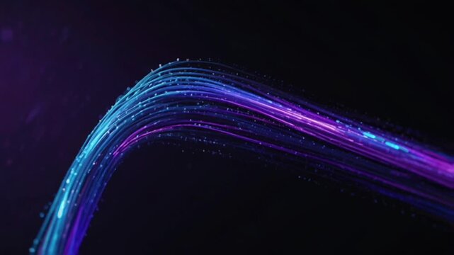 An abstract visual featuring a stream of glowing fiber optics or data cables in futuristic shades of blue and purple.