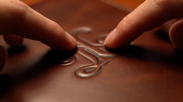 Fingers gently trace the intricate, debossed pattern on a luxurious brown leather journal cover, emphasizing texture and high-quality craftsmanship in warm, intimate lighting.