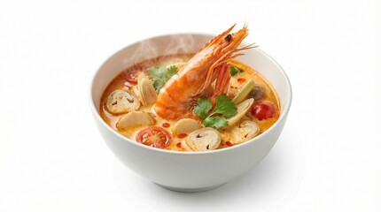 Fototapeta premium Hot Thai Tom Yum Kung soup with large shrimp, mushrooms, tomatoes and steam in a white bowl, isolated on a white background