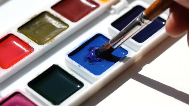 A close-up video shows a paintbrush being dipped into a pan of blue watercolor paint, activating the dry pigment into a rich, dark blue consistency ready for painting.