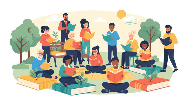 Diverse Group Reading Books Outdoors in a Park