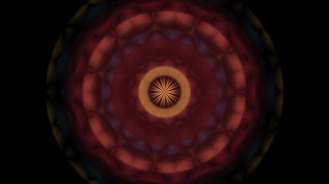 A dark, abstract circular pattern with concentric rings of warm colors and a star-like center, resembling a digital mandala or kaleidoscope.