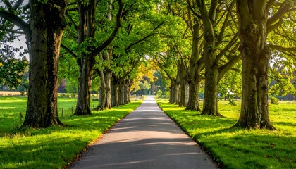 Obraz premium Sunny road lined with tall trees casting shadows on the path, leading to a distant landscape