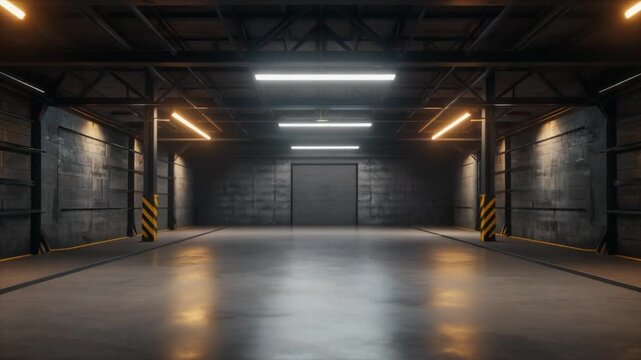 Industrial luxury garage interior with exposed concrete, steel beams and warm cinematic lighting, premium automotive storage space, modern masculine design, high-end lifestyle, no humans