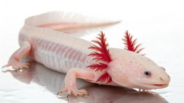 Photorealistic studio portrait of a rare Olm (Proteus anguinus) blind cave salamander isolated on a clean white background.