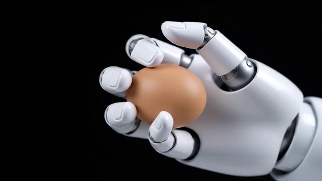 An advanced white robotic arm gently holds a brown egg, showcasing the precision and control necessary for handling fragile items. The action emphasizes delicate grip strength and stability in roboti