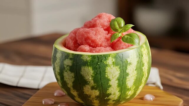 Refreshing Watermelon Sorbet Served in a Watermelon Bowl.