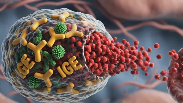 3D render of a mast cell activation with antibodies and allergen interaction