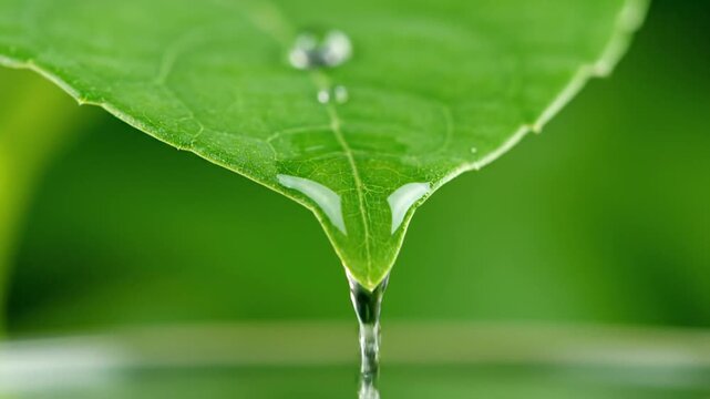 A close-up, slow-motion sequence capturing a pristine water droplet forming at the sharp tip of a vibrant green leaf, elongating due to gravity and surface tension, and finally releasing and falling 