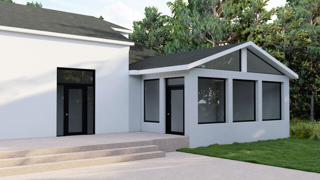 Modern Residential House Exterior with White Brick Sunroom Extension and Patio, Architectural 3D Render