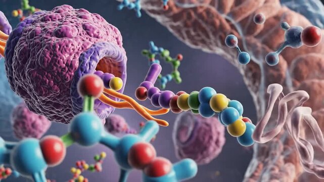 Close up of a molecule with different colors in a cell structure